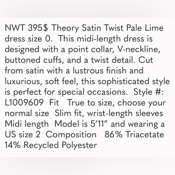 Theory NWT size 0 twist midi pale lime dress - Picture 8 of 9